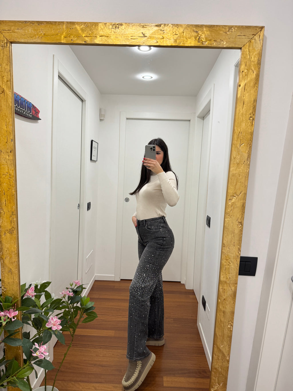 Jeans grigio con brillantini